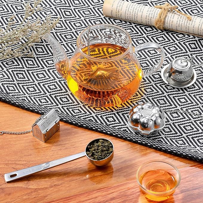 Vesici 10 Sets Loose Leaf Tea Infuser Set Stainless Steel Tea Strainer for Loose Tea Holder Infuser Ball Tea Filter Includes Chain Hooks and 1 Drip