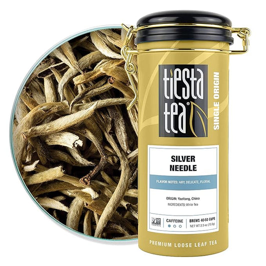 Tiesta Tea Silver Needle White Tea – Premium Loose Leaf, Single-Origin from China | Pure Unblended Low-Caffeine Tea | Hot or Cold Brew | 2.5oz Refillable Tin | Brews 50 Cups