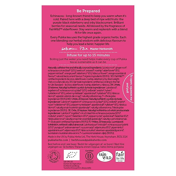 Pukka Elderberry & Echinacea Organic Herbal Tea, Perfect for Wellness Support, Caffeine Free, 20 Total Tea Bags