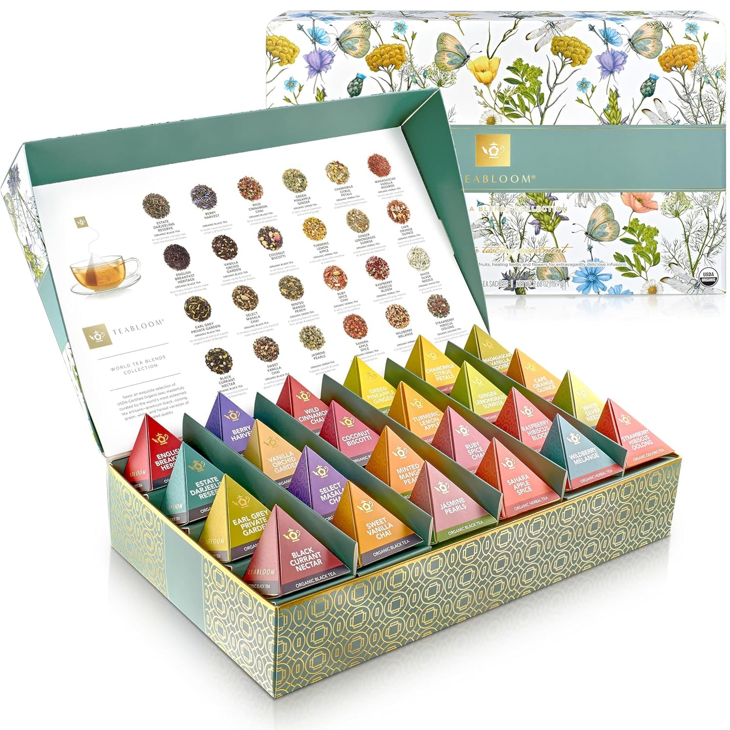 Teabloom - World's Finest Pyramid Tea Collection, 24 Varieties of USDA Certified Organic & Kosher Teas - Black Tea, Green Tea, White Tea, Oolong Tea