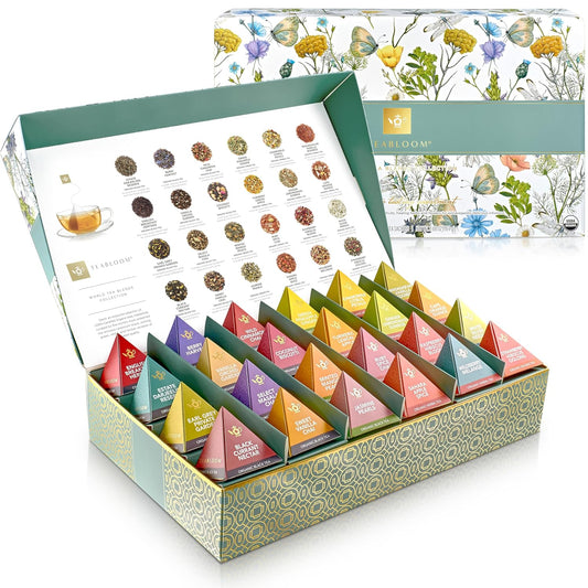 Teabloom - World's Finest Pyramid Tea Collection, 24 Varieties of USDA Certified Organic & Kosher Teas - Black Tea, Green Tea, White Tea, Oolong Tea