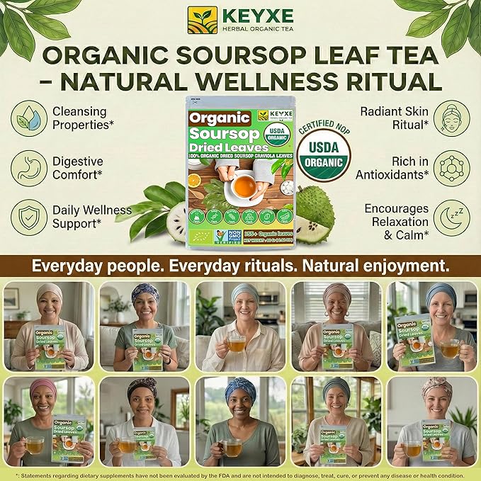 Keyxe Soursop Dried Leaves Tea USDA Organic Certified & Non GMO Verified, Caffeine Free, No Gluten, Vegan, 270-300 Whole Dried Soursop Leaves