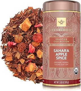 Teabloom Organic Herbal Tea, Sahara Apple Spice Loose Leaf Tea, Warm and Sweet Rooibos with No-Caffeine, Certified Organic, Fresh Whole Leaf Blend in Reusable Gift Canister, 3.88 oz/110 g Canister Makes 35-50 Cups