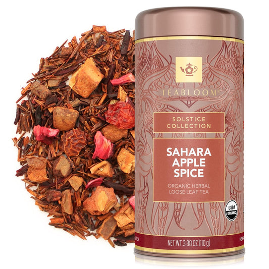 Teabloom Organic Herbal Tea, Sahara Apple Spice Loose Leaf Tea, Warm and Sweet Rooibos with No-Caffeine, Certified Organic, Fresh Whole Leaf Blend in Reusable Gift Canister, 3.88 oz/110 g Canister Makes 35-50 Cups