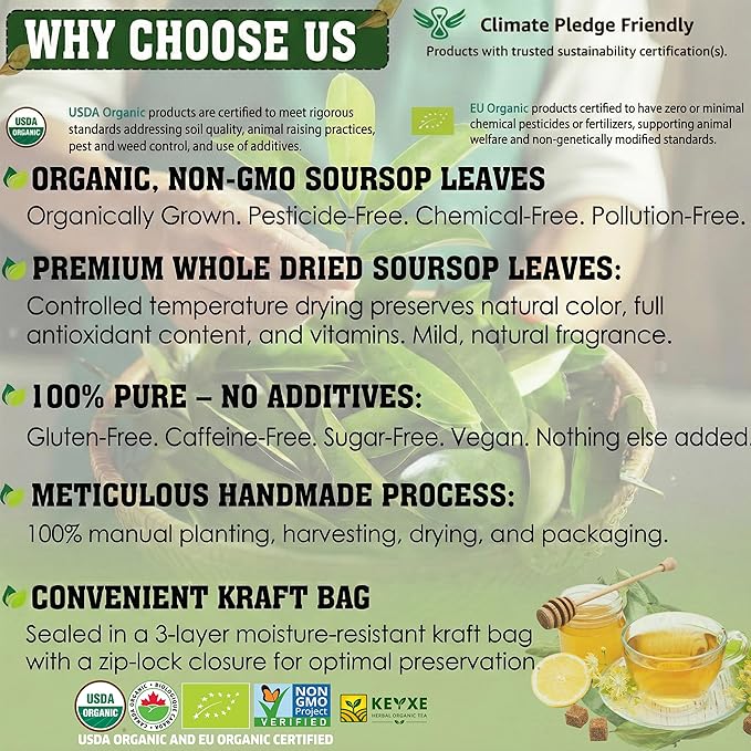 160+ USDA Organic Soursop Graviola Dried Leaves, Non GMO, 100% Organic Whole Soursop Leaves, Caffeine Free, Gluten Free, Wildcrafted & Authentic