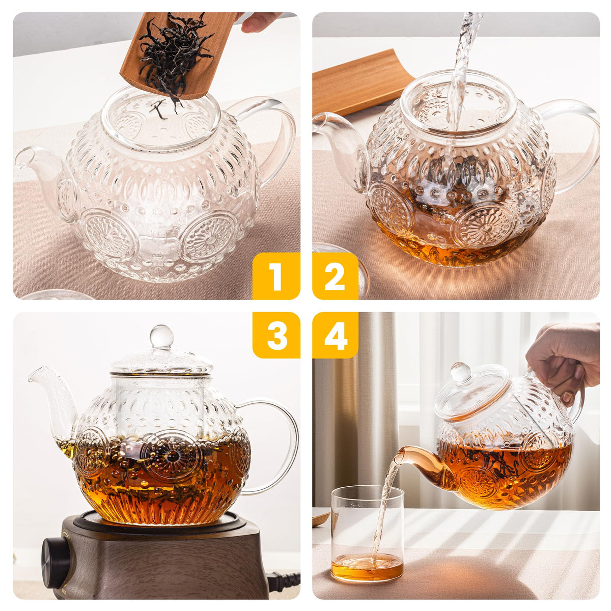 Bandesun Small Capacity Vintage Glass Teapot, Tea Kettle with Removable Infuser 32OZ/1000ml, Borosilicate Glass Pot -Stovetop