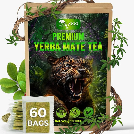 TOG999, 60 Tea Bags Yerba Mate, Hi-Caffeine, Unsmoked Yerba Mate Tea Bags, Super-Green Yerba Mate, No Dust, Fresh - Never Aged (Ilex Paraguariensis), Cultivated from Argentina - Rich in Antioxidants and Plant Nutrients.