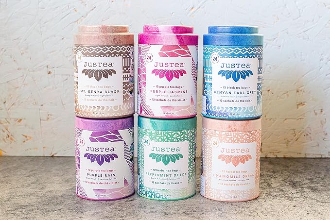 JusTea Purple Rain | Pyramid Compostable Tea Bags | Purple Tea | 12+ Cups | Very Low Caffeine | Award-Winning | Fair Trade | Non-GMO