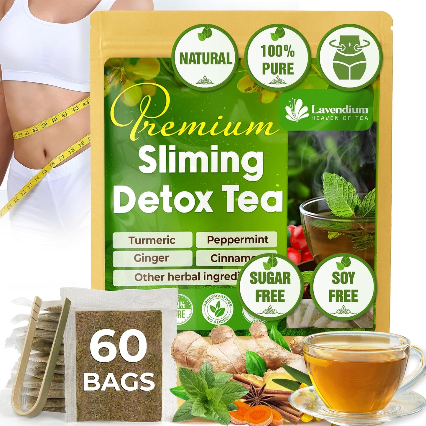 Lavendium SIimming Detox Herbal Tea, Caffeine-Free, 60 Count | Caffeine-free herbal blend with chamomile, hibiscus, ginger, citrus and cinnamon for a flavorful daily infusion.