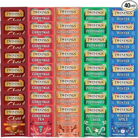 Twinings Holiday Christmas Tea Bag Variety Sampler Box, 5 Seasonal Flavors, 8 Each (40 Count), Individually Wrapped Bags, A Gift to Celebrate the Season Gift Box