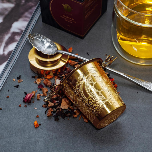 Luxury Tea Strainer Basket Gift Set - Gold Plated Infuser with Engraved Floral Motifs, Crystal Accent Chain for Loose Leaf Tea, Fine Mesh Filter &amp; Ergonomic Handle