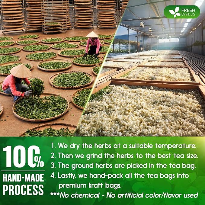 FreshDrinkUS, Premium 75 Jasmine Green Tea Bags. Natural & Pure. Herbal, Vegan. No Sugar, No Gluten. Made with Natural Material Tea Bags.