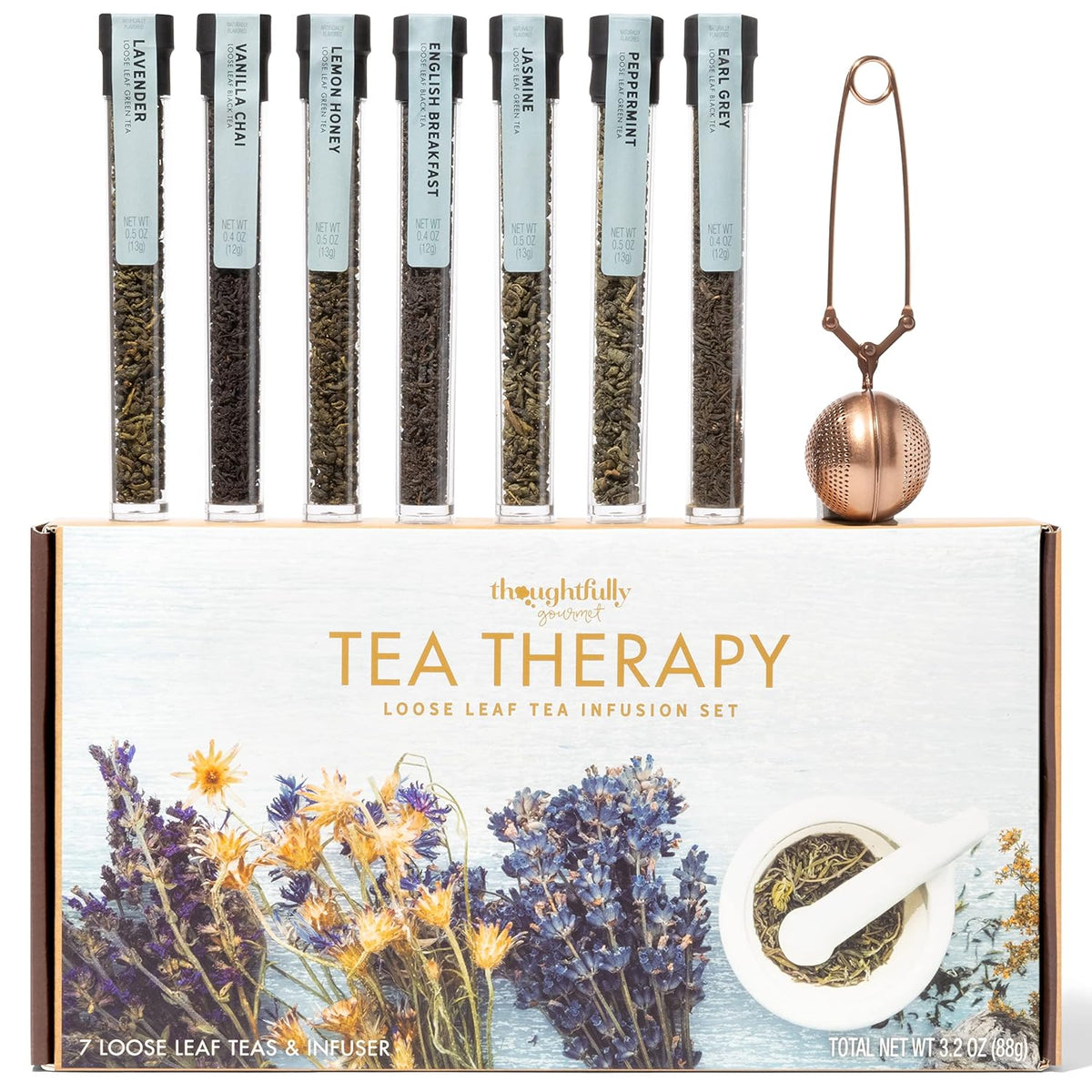 Thoughtfully Gourmet, Tea Therapy Infusion Gift Set, 7 Unique Flavors and Reusable Copper Ball Infuser, Loose Leaf Tea Set Flavors Include Peppermint