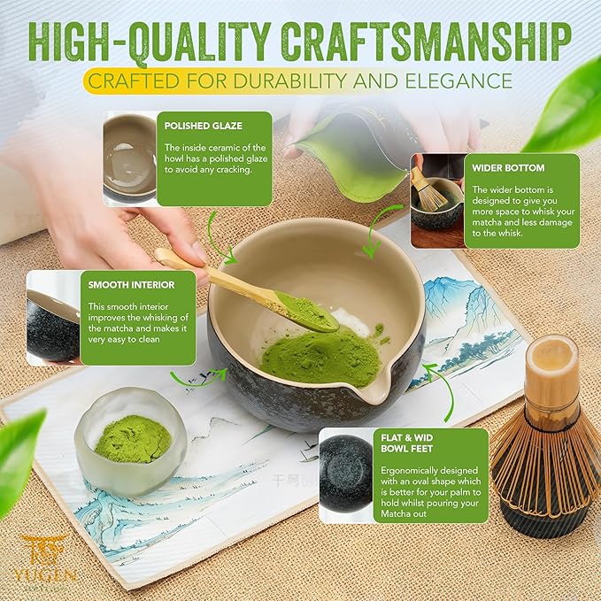 7 Piece Matcha Whisk Set, Includes 30g Ceremonial Grade Matcha Powder, Metal Sifter, Bamboo Whisk, Whisk Holder, Bamboo Spoon, Tea Cloth, Matcha Bowl