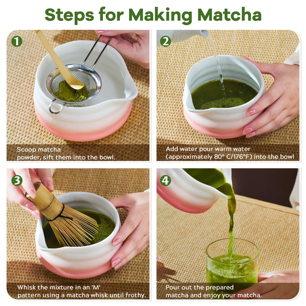aibound Gifts for Women, Pink Matcha Set for Tea Lovers with Bowl and Caddy