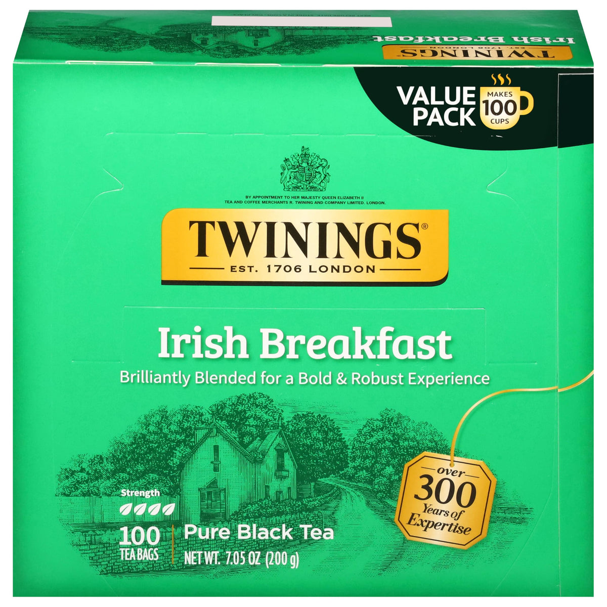 Twinings Irish Breakfast Black Tea Individually Wrapped Bags, 100 Count (Pack of 1), Flavourful, Bold, and Robust, Caffe
