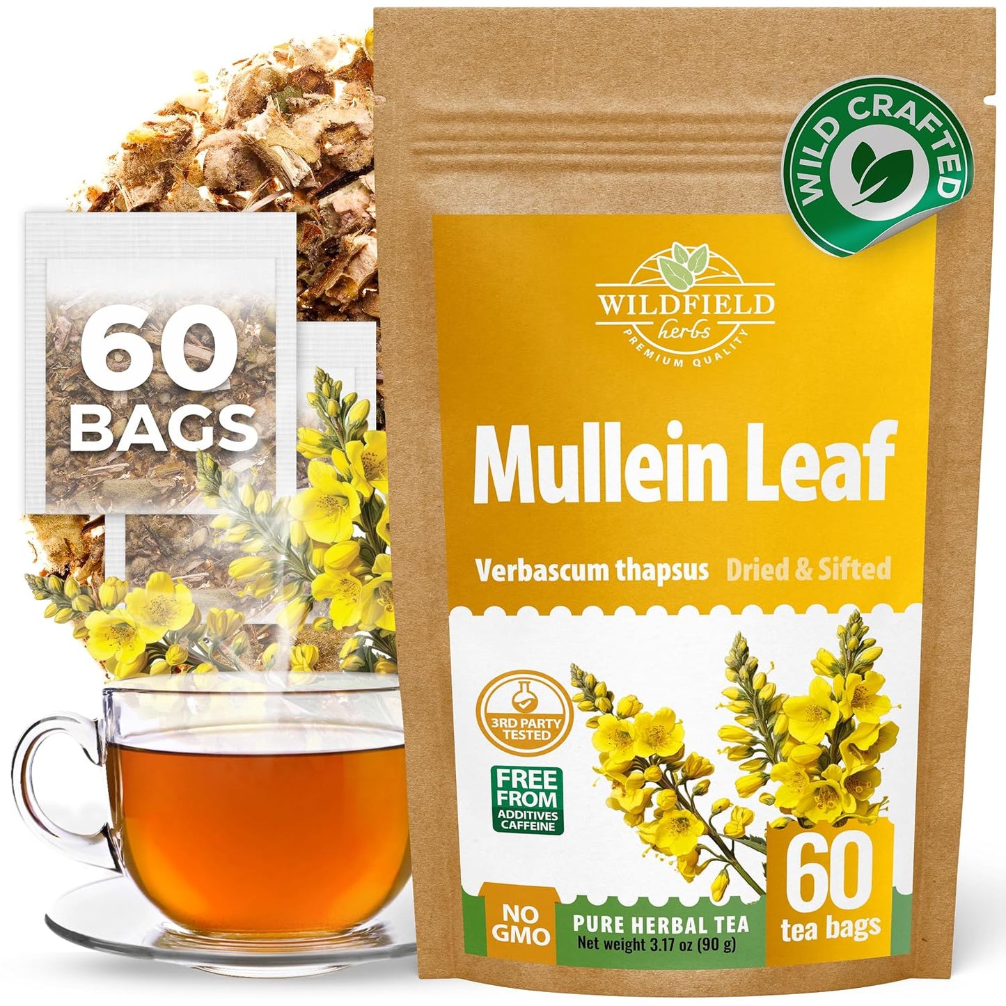 60 Bags Mullein Leaf Tea (Verbáscum L.) - 60 Count 2g Bags Mullen Leaves Mullein Loose Leaf Mulungu Hoja De Gordolobo