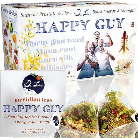 Dr. Lu’s Happy Tea for Guy | 100% Natural Energy Tea for Men | Supports Prostate, Vitality & Fertility | 11-Herb Blend with Maca, Corn Silk & Hibiscus in Corn Fiber Tea Bags Made in USA