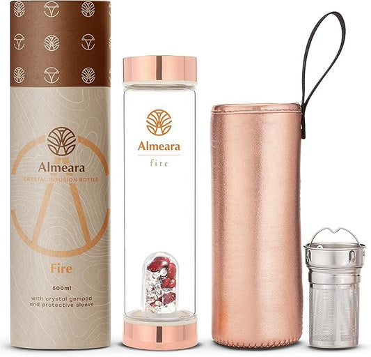 Almeara Crystal Water Bottle with Authentic Red Jasper Stones & Clear Quartz Removable Gemstones, Loose Leaf Tea Infuser - Relaxation