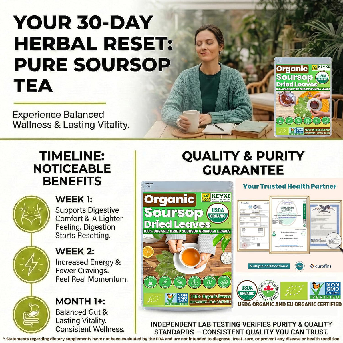 270+ USDA Organic Soursop Graviola Dried Leaves, Non GMO, 100% Organic Whole Soursop Leaves, Caffeine Free, Gluten Free, Wildcrafted &amp; Authentic, Hojas de Guanabana, te de graviola , Guanábana Hojas Loose Leaf Herbal Tea
