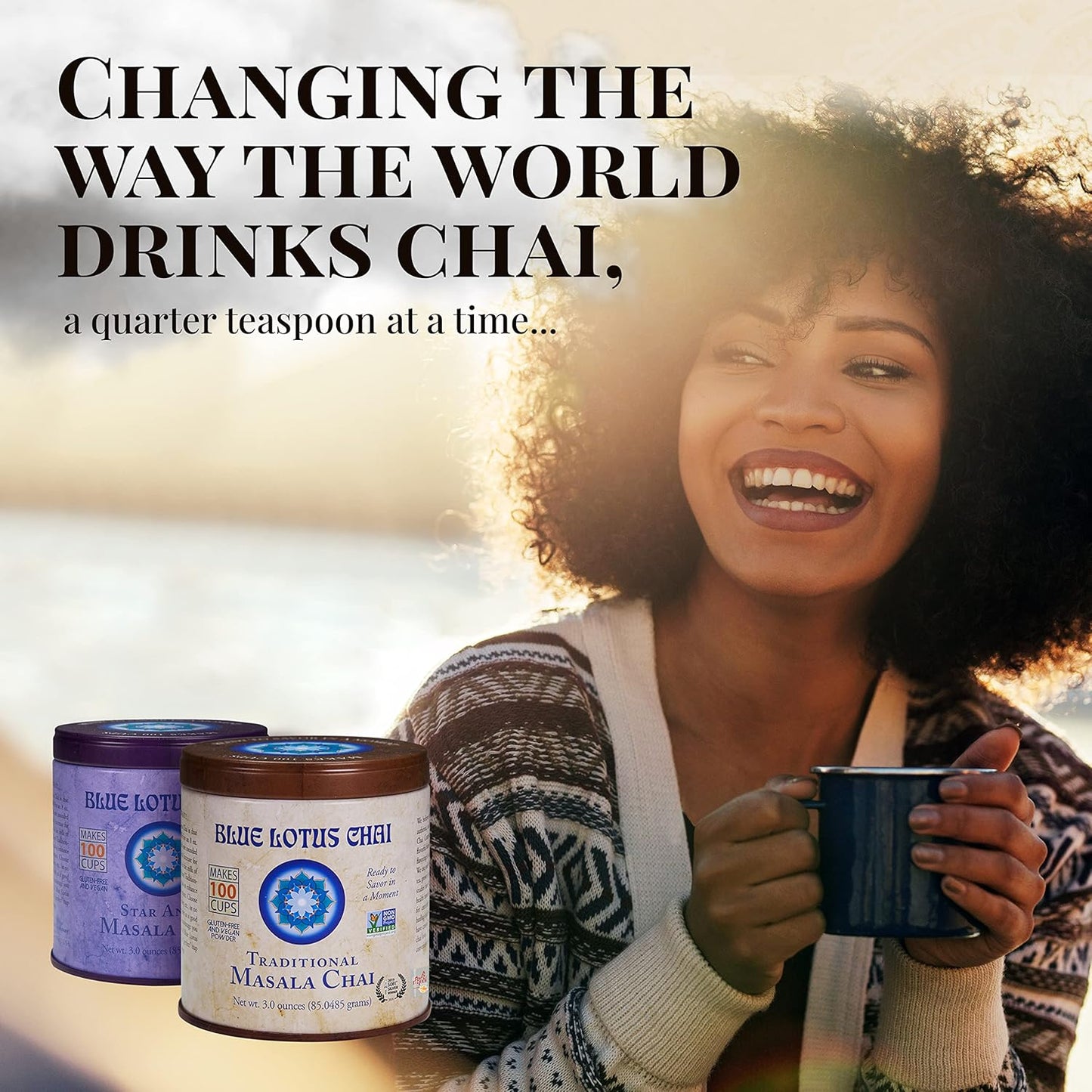 Blue Lotus Chai - Golden Masala Flavor Chai - Makes 100 Cups - 3 Ounce Masala Spiced Chai Powder with Organic Spices - Instant Indian Tea No Steeping - No Gluten