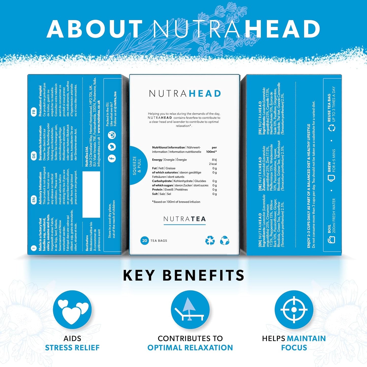 NUTRAHEAD - Migraine Relief Tea | Headache Relief Tea - For Migraine & Tension Headache Relief - Includes Feverfew, Willow Bark & Rhodiola - 20 Enveloped Tea Bags - by Nutra Tea - Herbal Tea