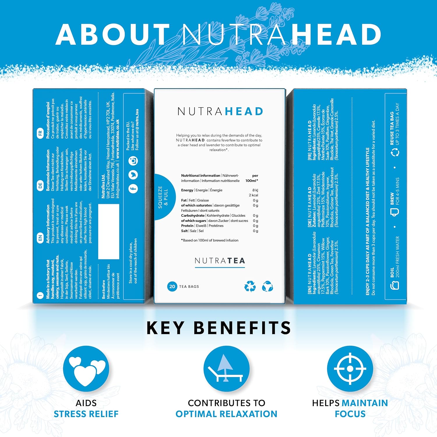 NUTRAHEAD - Migraine Relief Tea | Headache Relief Tea - For Migraine & Tension Headache Relief - Includes Feverfew, Willow Bark & Rhodiola - 20 Enveloped Tea Bags - by Nutra Tea - Herbal Tea
