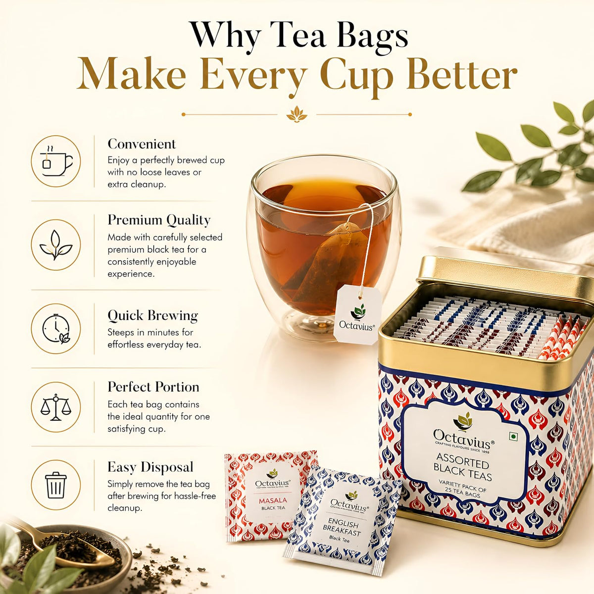 Octavius Assorted Black Tea Sampler Pack – 25 Tea Bags, 3 Flavors: Darjeeling, Assam, Indian Masala | Premium Black Tea