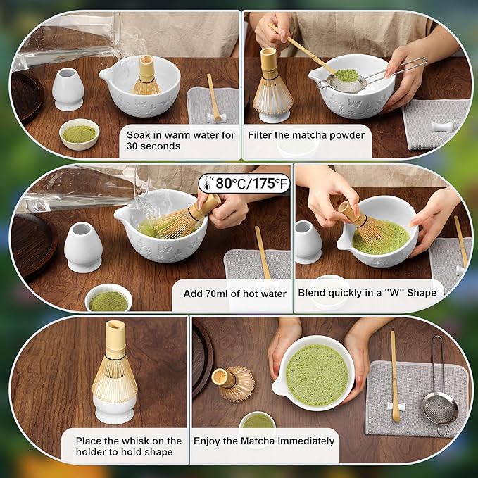 7 PCS Matcha Set Ceramic Matcha Making Kit, Bamboo Whisk, Bowl With Spout, Powder Starter Sifter, Ceramic Whisk Holder, Tea Towel, Scoop and Scoop Rest Matcha Whisk Set for Matcha Lover White