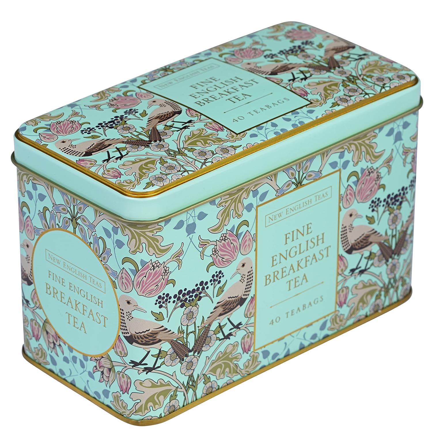 New English Teas Song Thrush and Berries Tea Tin in Green with 40 English Breakfast Teabags
