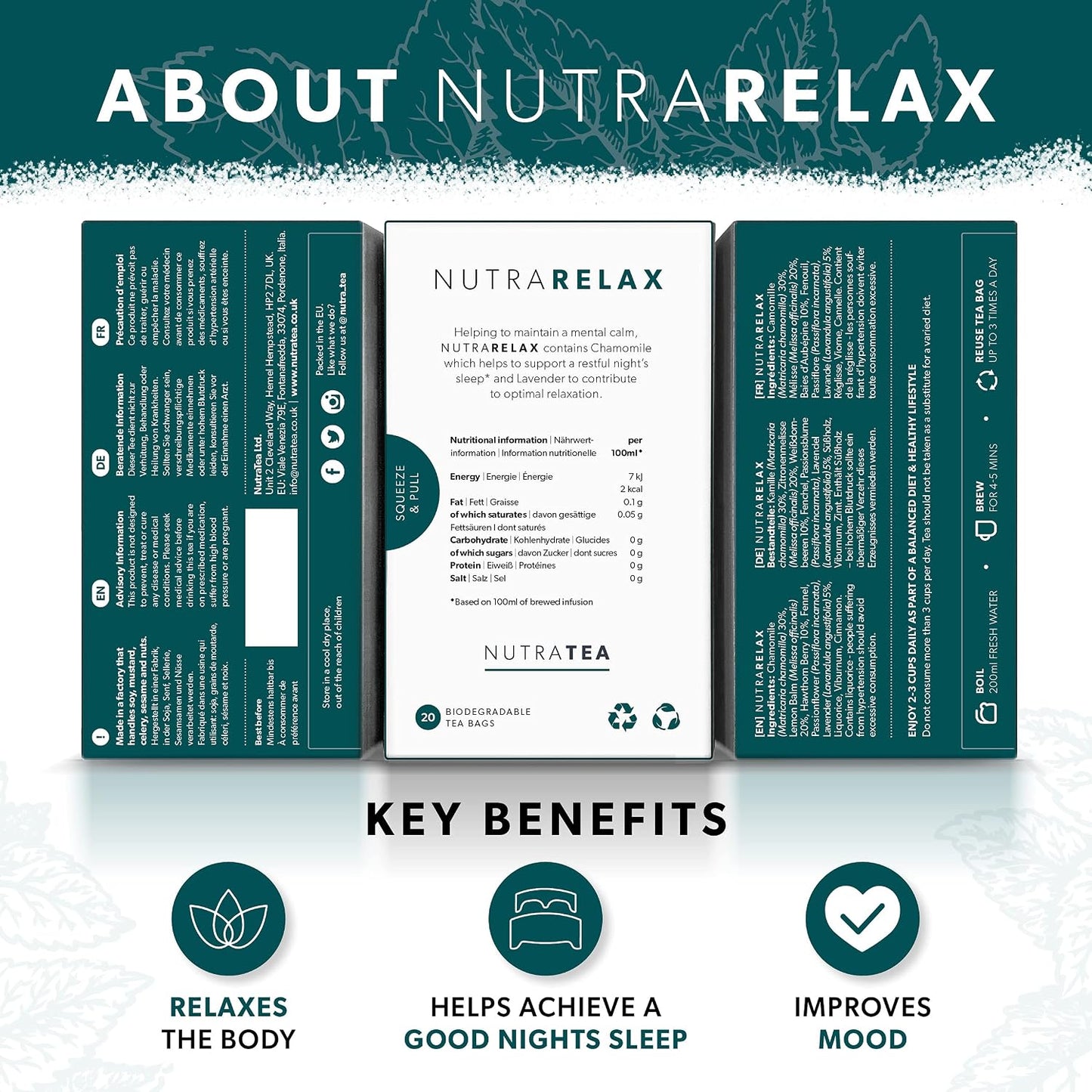 NUTRARELAX - Night Time Tea | Sleep Tea | Calm Tea - Includes Chamomile, Passionflower &amp; Lemon Balm - 60 Enveloped Tea Bags - by Nutra Tea - Herbal Tea - (3 Pack)