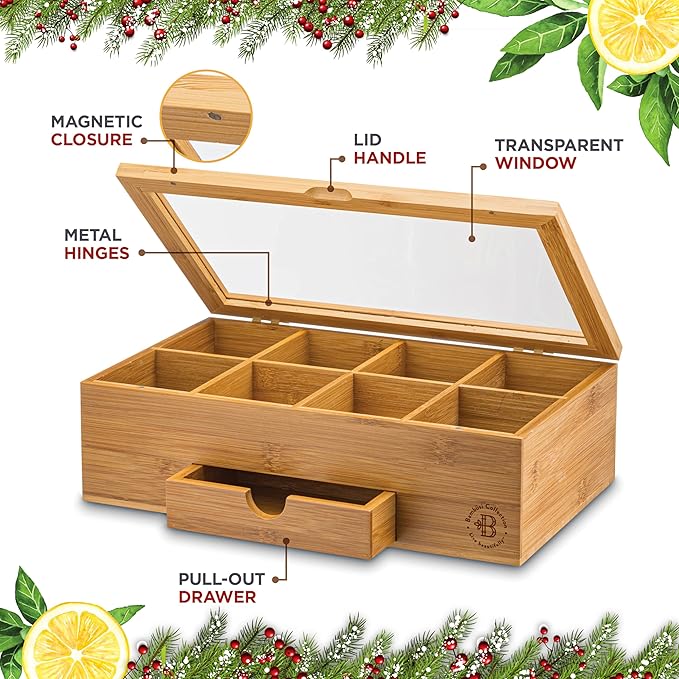 Tea Bag Organizer - Christmas Gift Bamboo Tea Box Organizer Storage Box, Tea Bag Holder with Drawer & Acrylic Window