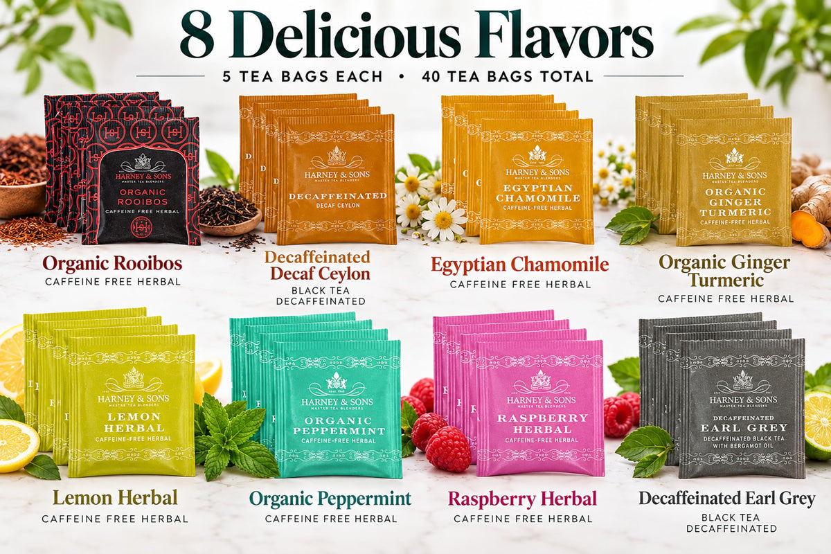 Harney & Sons Assorted Tea Bag Sampler 40 Count – Harney Decaf Tea Bags Variety Packs, Herbal Tea Bundle Caffeine Free Tea