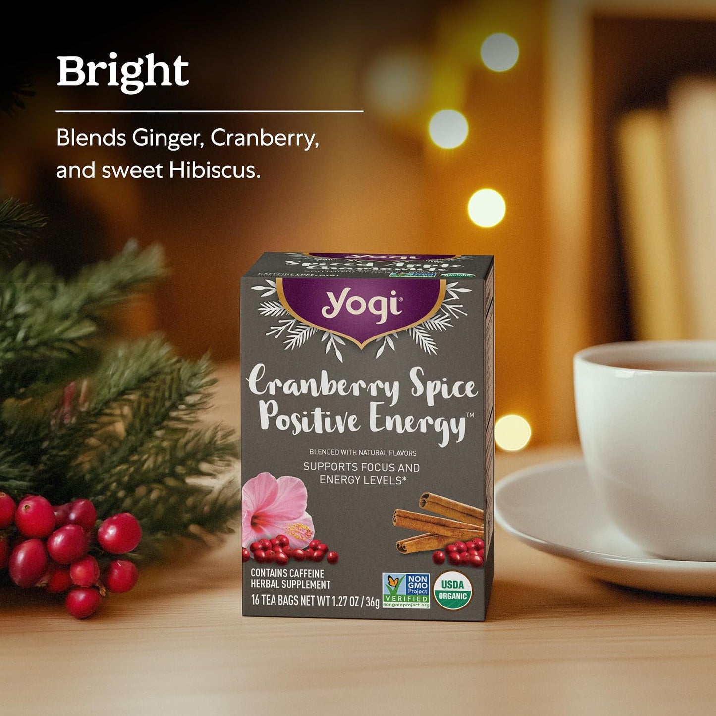 Yogi Organic Cranberry Spice Positive Energy Tea, 1.27 oz | Caffeinated Holiday Blend with Puerh Tea, Ginger, Cranberry and Hibiscus to Support Focus and Physical Energy