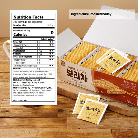 [Nokchawon] Korean Roasted Barley Tea Bags (100 Count) - Caffeine Free Boricha for Daily Hydration and Digestion - Savory Nutty Flavor Coffee Substitute - Traditional Grain Tea