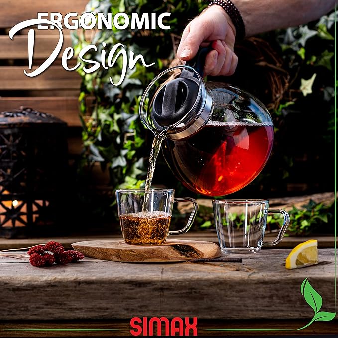 Simax Glassware 2.5 Quart Glass Teapot | Short Spout, Stay Cool Plastic Handle and Lid, Stovetop and Dishwasher Safe, Heat, Cold, and Thermal Shock Resistant Borosilicate Glass