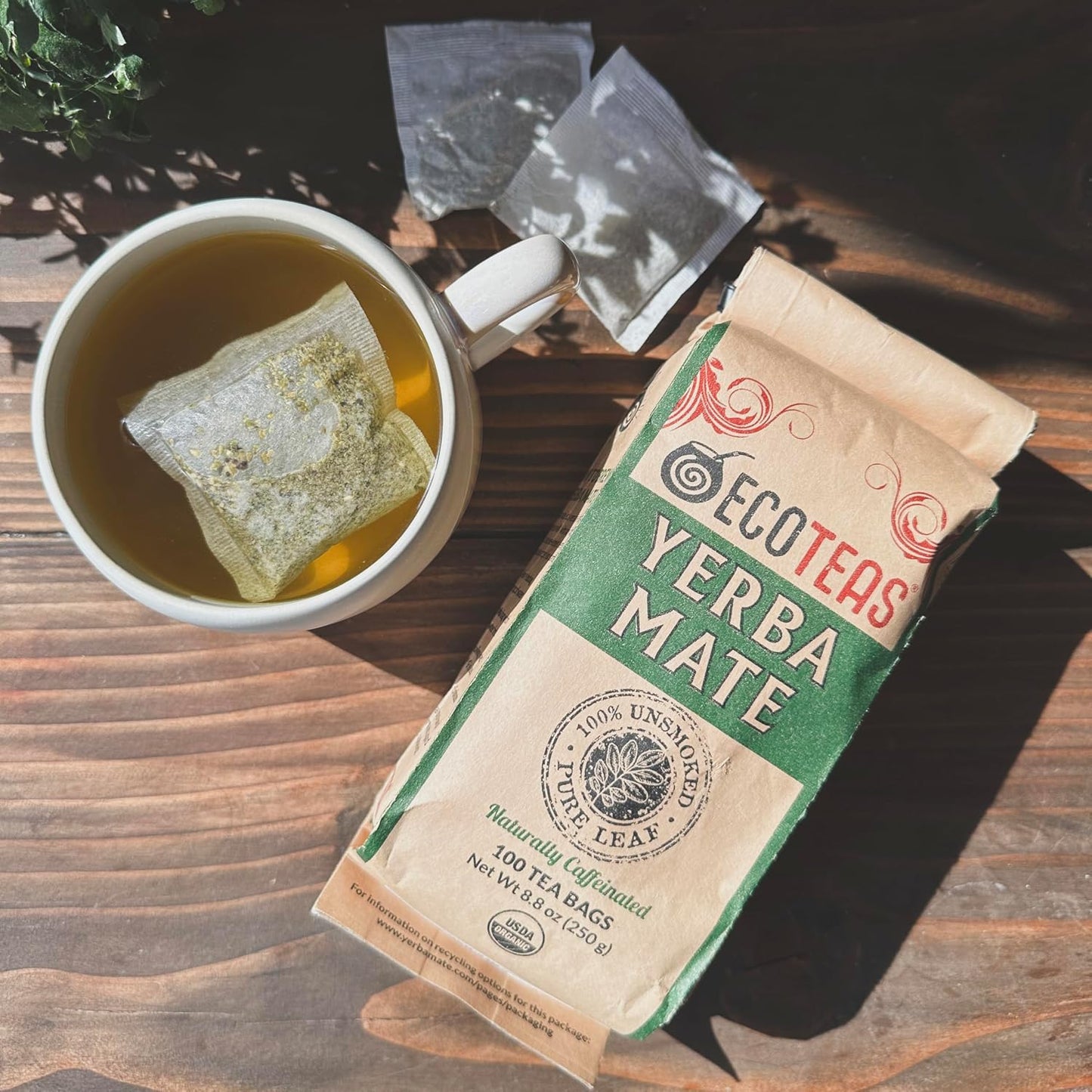 ECOTEAS Organic Yerba Mate Tea Bags Unsmoked 100 Count 8.8 oz Pack of 2 | Organic unsmoked 100 ct pack of 2 200 servings, USDA organic kosher non-GMO, low acid naturally caffeinated
