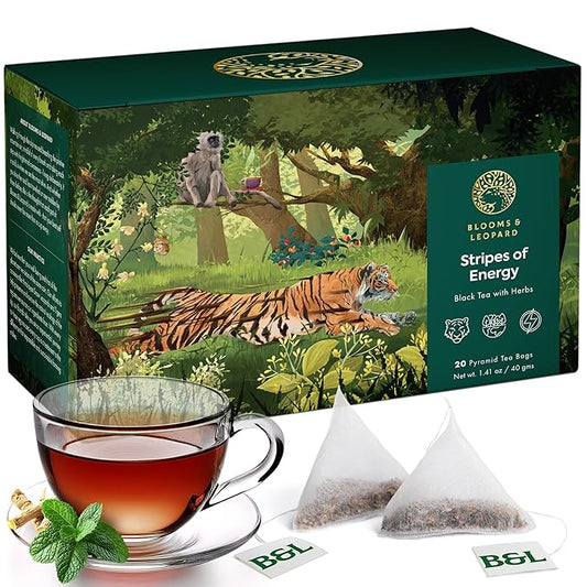 Blooms & Leopard Premium Black Tea Bags | Stripes of Energy Herbal Blend with Ashwagandha, Moringa, Cinnamon & Spearmint | Natural Energy, Stress Relief & Immune Support | 20 Organic Tea Bags