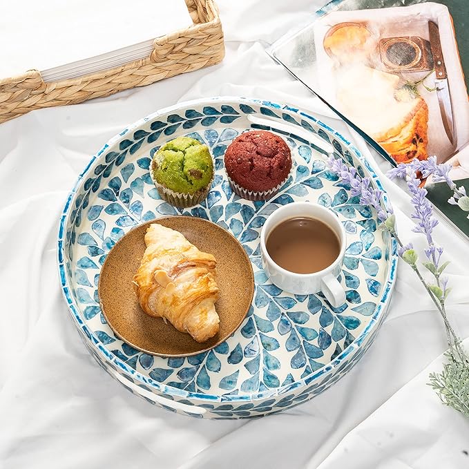 Claynix Serving Tray 12.5 Inch, Lacquer Mother of Pearl Inlay Mosaic Tray, Round Wooden Marble Tray with Handles Trays for Tea, Breakfast (Leaf Style)