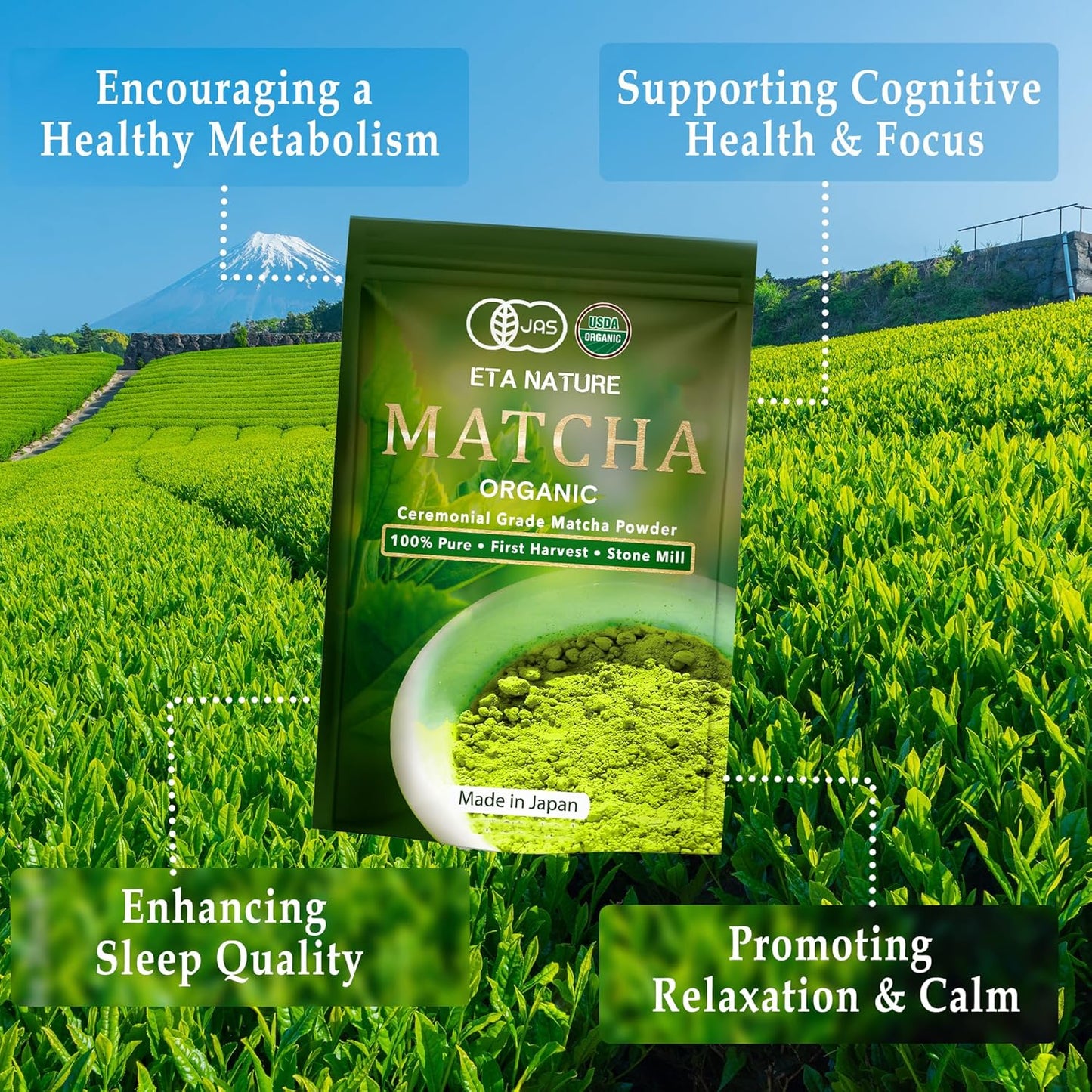 ETANATURE Premium Ceremonial Grade Matcha Powder - Matcha Green Tea Powder for Metabolism, Brain and Sleep - JAS Certified Matcha Grade from Japan Kagoshima Farms 30 Servings - Ceremonial Tea 30g