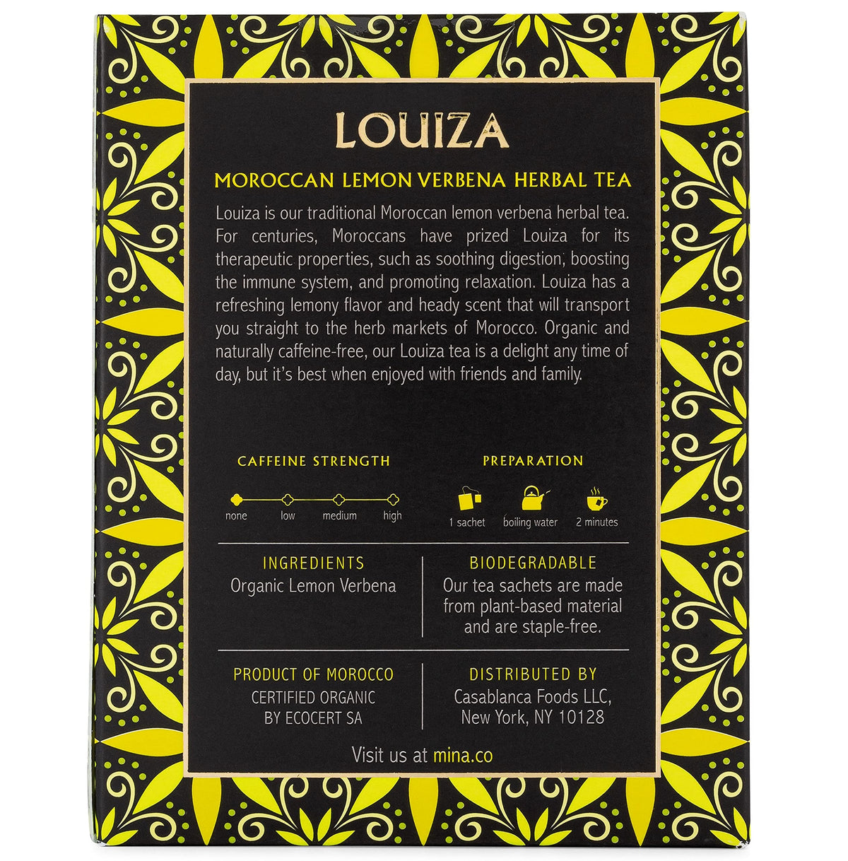 Mina Louiza Organic Moroccan Lemon Verbena Herbal Tea, Caffeine Free, Kosher, USDA Certified Organic, 15 Tea Bags
