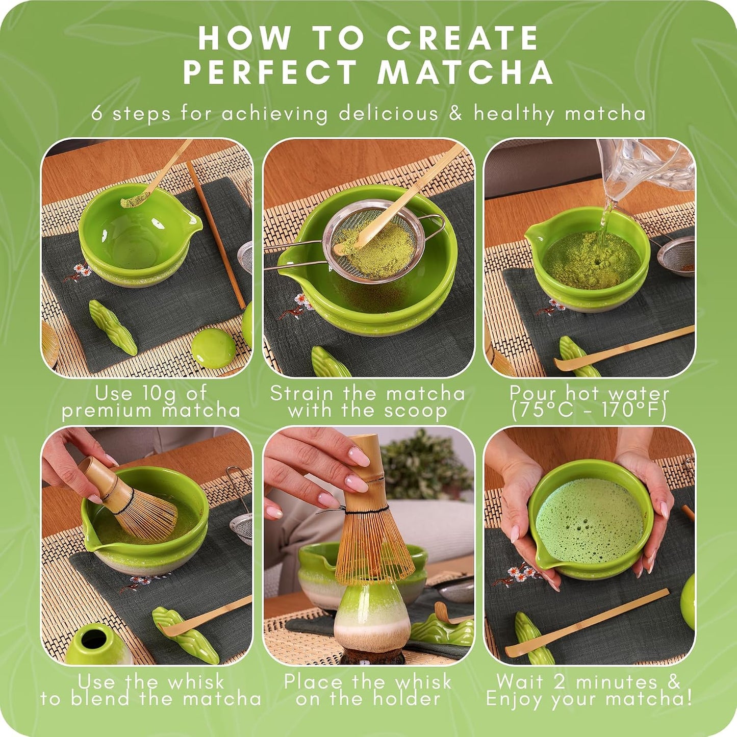 Matcha Whisk Set, 10 Pcs Japanese Kit | 500ml Bowl