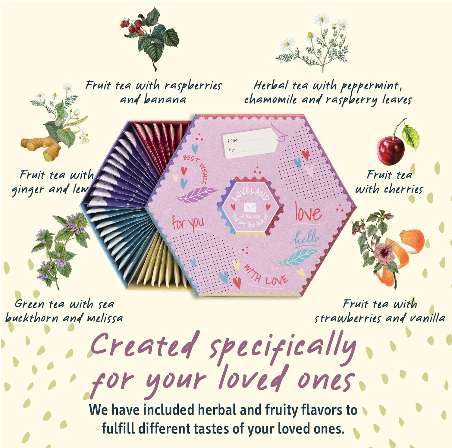 ACORUS | Loveland Tea Set | Natural Assorted Tea Hamper Box | Set of 6 flavors | Surprise your loved ones | Valentines box | Large Selection Box | Tea Gift Sets | 60 Tea Bags
