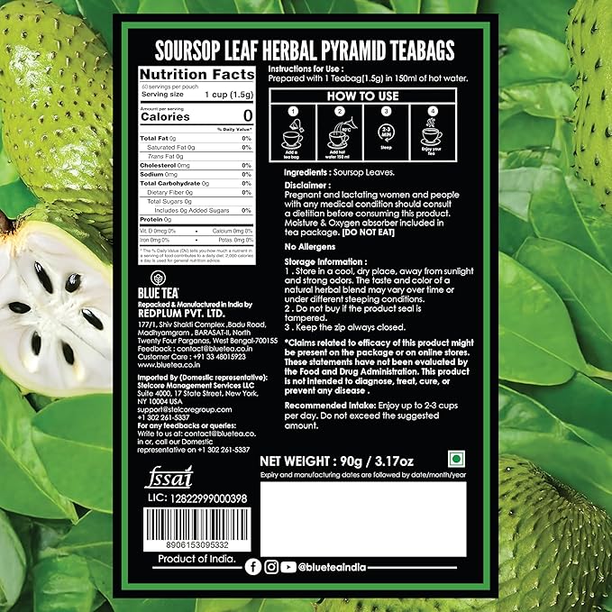 BLUE TEA - Soursop Tea - 60 Count - Pyramid Plant Based Tea Bags | Hoja Guanabana Tea | Premium Graviola Leaves | Herbal Tea - Caffeine Free - Sugar Free - Non-Bitter | Ziplock Pack