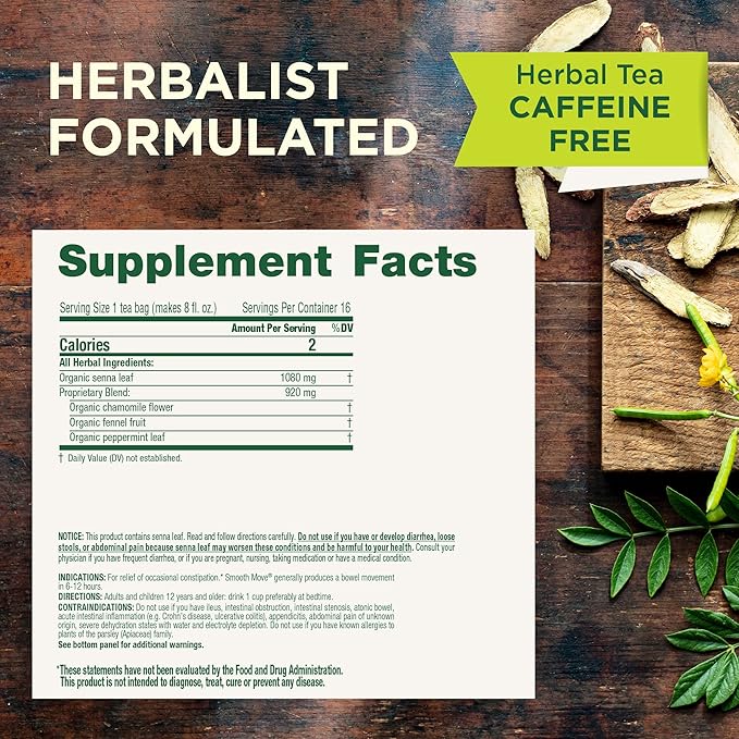 Traditional Medicinals Organic, Smooth Move Tea, Chamomile & Senna - Helps Relieve Constipation Overnight - Kosher, Non-GMO, Caffeine-Free