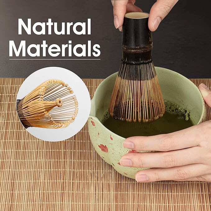 7-Piece Matcha Set with Ceramic Matcha Bowl, Bamboo Whisk (Chasen) & Holder, Sifter, Tea Scoop & Rest, Special Bamboo Tea Mat