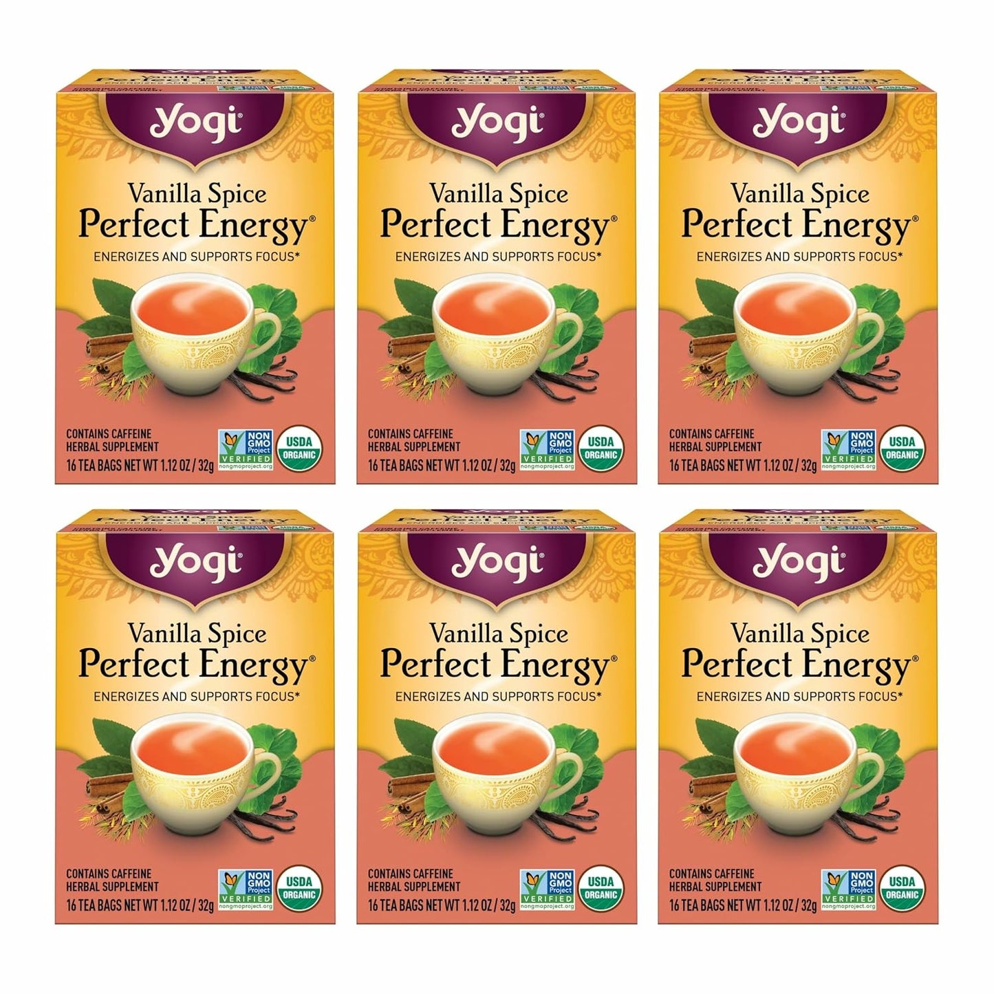 Yogi Tea Vanilla Spice Perfect Energy Tea - 16 Tea Bags per Pack (6 Packs) - Organic Vanilla Energy Tea - Focus Tea - Includes Green Tea, Black Tea