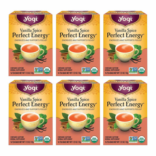 Yogi Tea Vanilla Spice Perfect Energy Tea - 16 Tea Bags per Pack (6 Packs) - Organic Vanilla Energy Tea - Focus Tea - Includes Green Tea, Black Tea