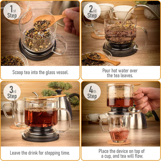 Glass Tea Infuser – Loose Leaf Brewer Cup with Lid | 17oz | Premium Glass Steeper for Loose Leaf with Coaster | Easy Brew &amp; Clean, BPA-Free, Innovation Smart Tea Maker for Daily Brewing