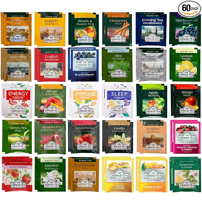 Ahmad Tea Bags Sampler Assortment Variety Pack (60 Count) 30 Flavors of Tea (2 Packs of Each Tea Type)